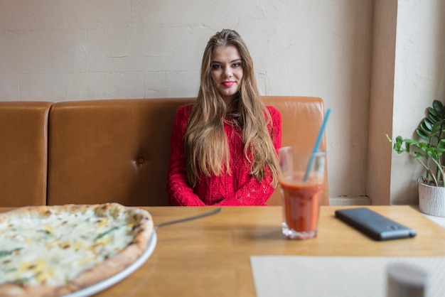 Happy woman before starting to eat