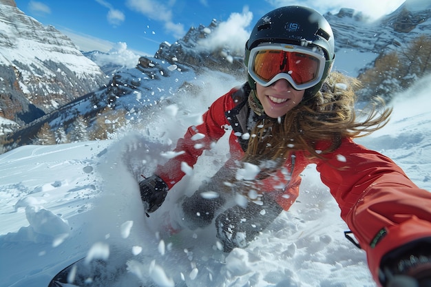 Free photo happy woman enjoying snowboarding