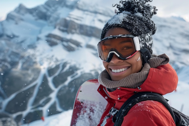 Happy woman enjoying snowboarding