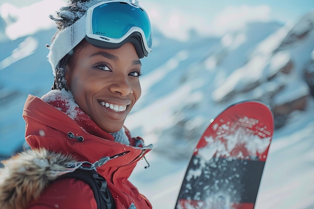 Happy woman enjoying snowboarding