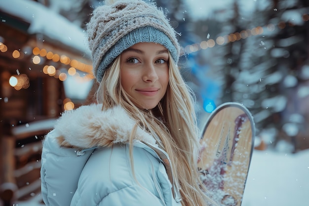 Happy woman enjoying snowboarding