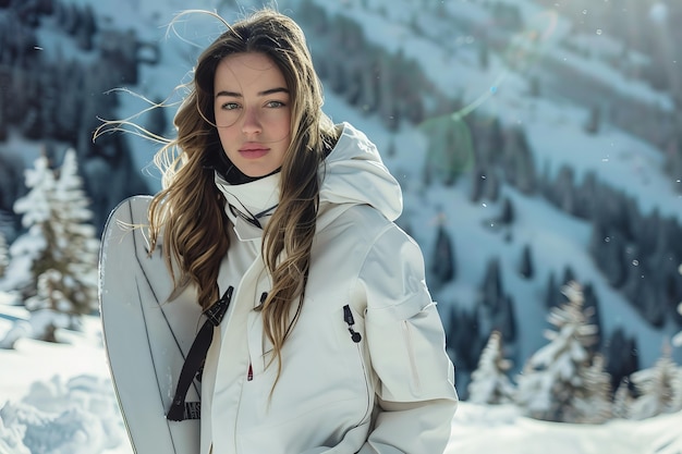 Happy woman enjoying snowboarding