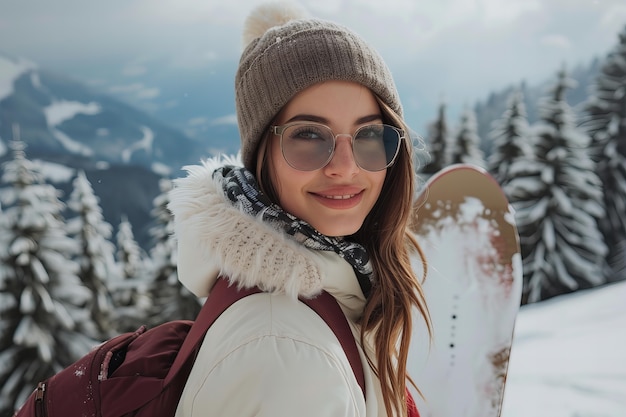 Free photo happy woman enjoying snowboarding