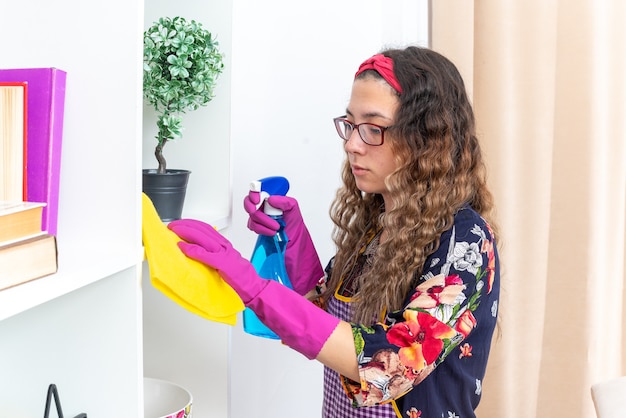 Happy woman in rubber gloves wiping white shelves with yellow rag using cleaning spray in home in light living room