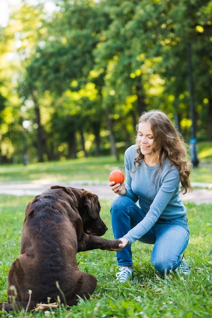 Happy woman with ball shaking her dog's paw in park