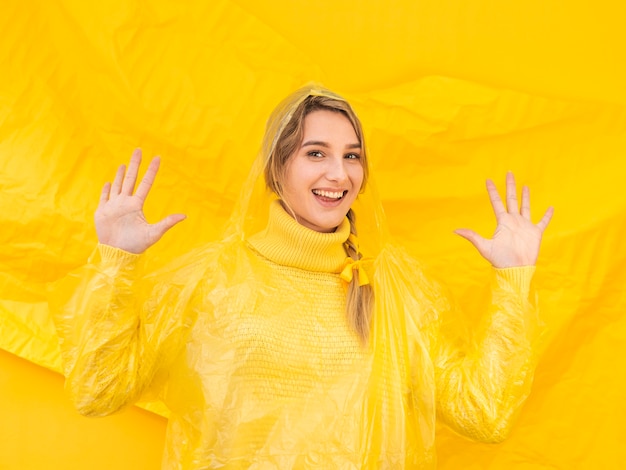 Happy woman with hands up