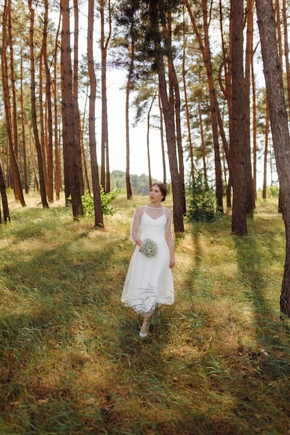 Free photo happy young bride in a pine forest white wedding dress