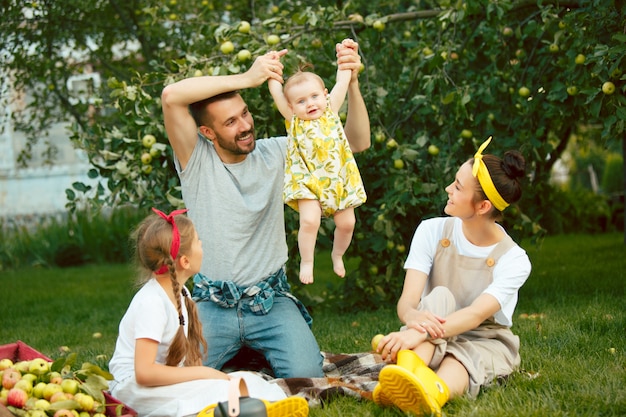 The happy young family during picking apples in a garden outdoors