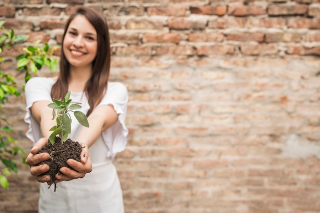 Free photo happy young woman holding seedling