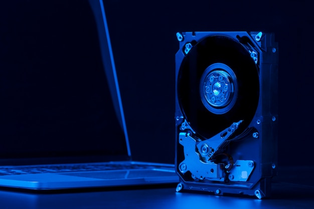 Free photo hard drive with blue light and laptop arrangement