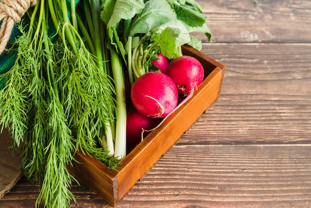 Free photo harvested scallions; dill and red turnip in the wooden tray against wooden backdrop