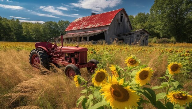 Harvesting wheat with old machinery in autumn generated by AI