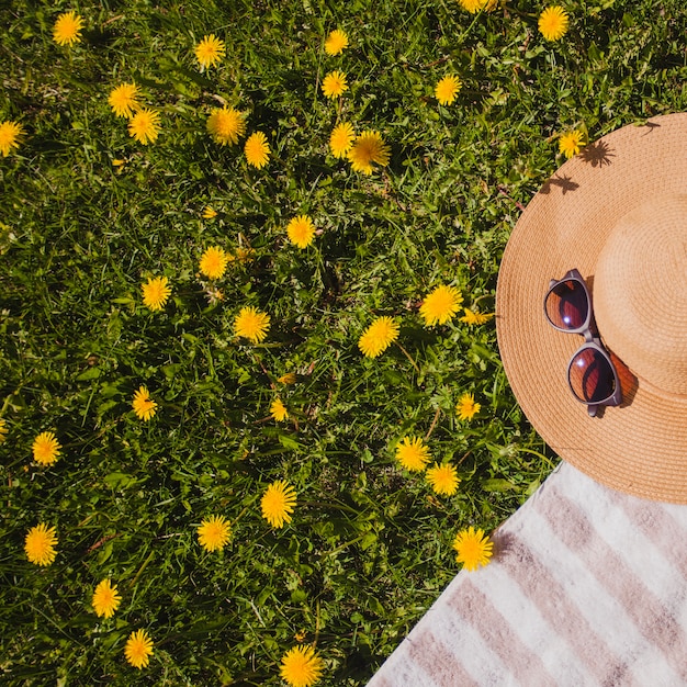 Free photo hat and sunglasses on the grass with flowers