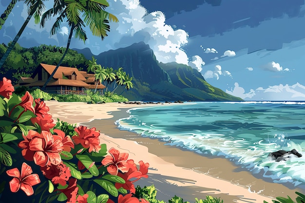 Free photo hawaii landscape with digital art style