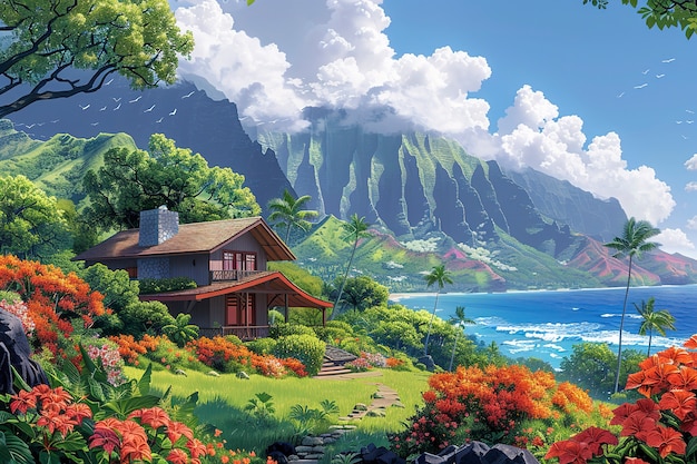 Hawaii landscape with digital art style