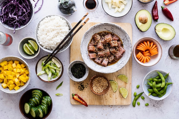 Hawaiian ahi tuna with vegetables flat lay photography