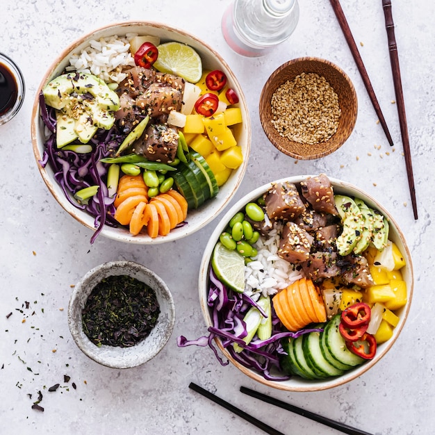 Hawaiian tuna poke bowl flat lay photography