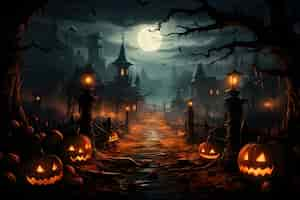 Free photo hd halloween scene with pumpkins bats and full moon in the background