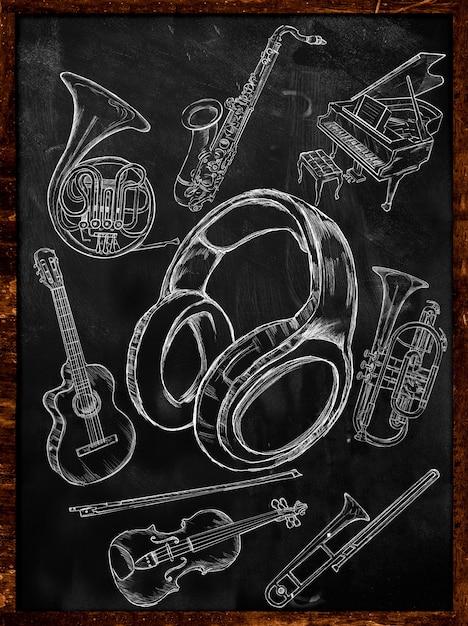 Free Photo headphone sketch music instruments on blackboard