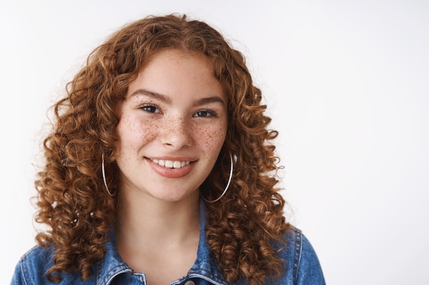 Headshot cute charismatic friendly smiling happy redhead curly freckled girl acne prone skin pimple forehead grinning enjoying spring day, unbothered way looks, promote self-love selfcare