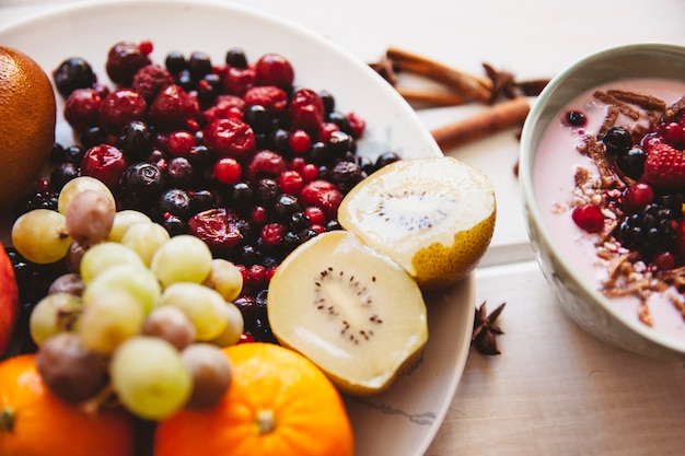 Healthy breakfast concept with fruits on plate