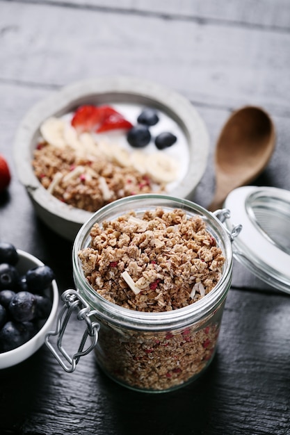 Free Photo healthy breakfast with cereals and fruits