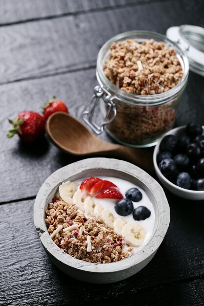 Healthy breakfast with cereals and fruits