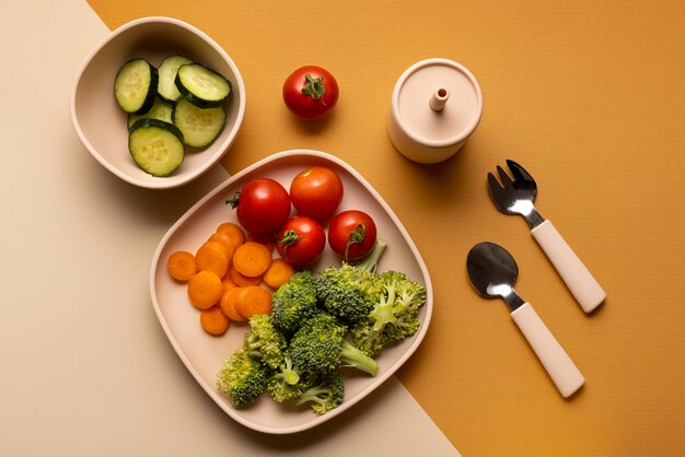 Healthy children's food arrangement above view