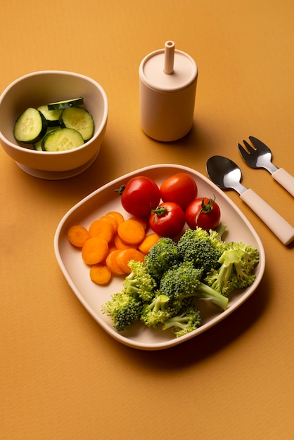 Healthy children's food assortment high angle