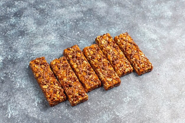 Healthy delicios granola bars with chocolate,muesli bars with nuts and dry fruits