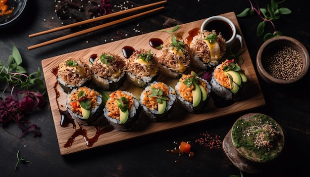 Free photo healthy eating with chopsticks sushi seaweed and fresh vegetables generated by ai