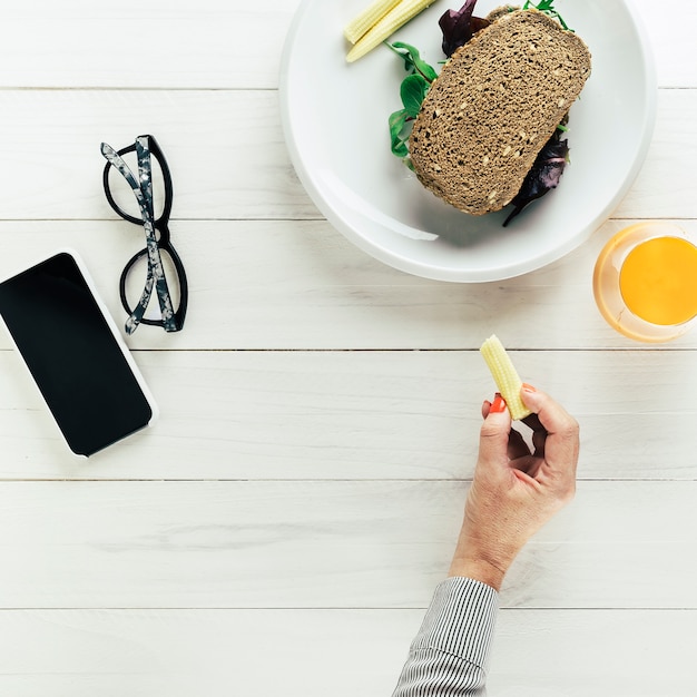 Healthy food composition with bread and orange juice