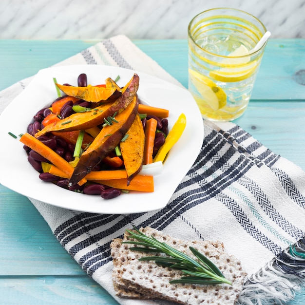 Healthy food composition with salad and drink