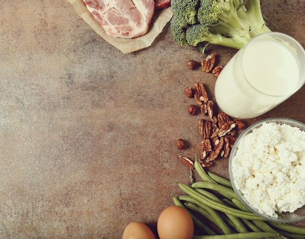 Healthy food ingredients on rustic table