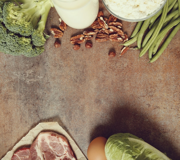 Healthy food ingredients on rustic table