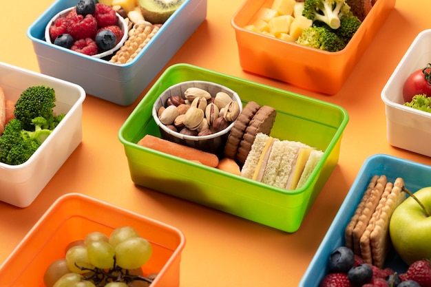 Healthy food lunch boxes high angle