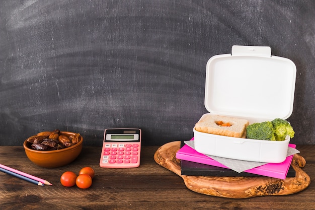 Healthy food near school supplies