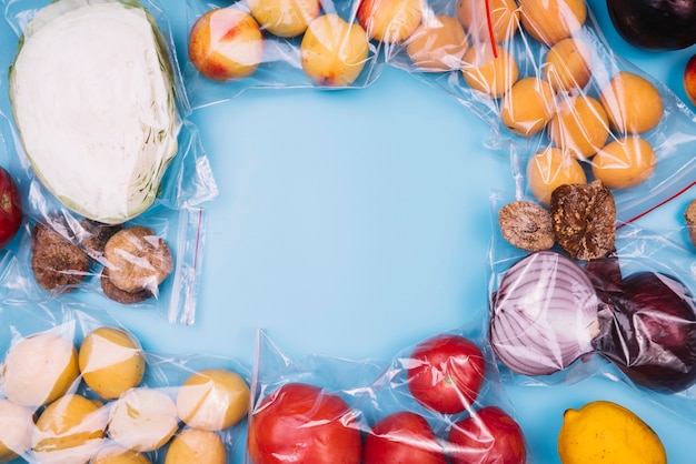 Healthy food in plastic bags with copy space