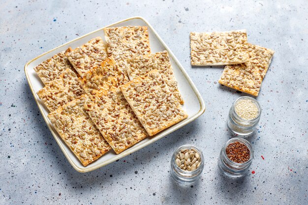 Healthy fresh baked gluten free crackers with seeds.