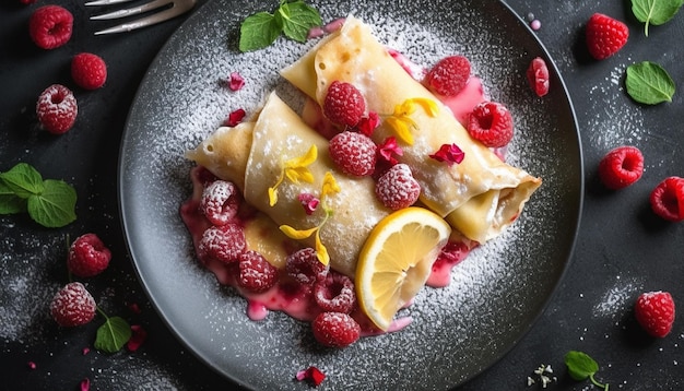 Free photo healthy homemade berry pancakes with raspberry sauce generated by ai