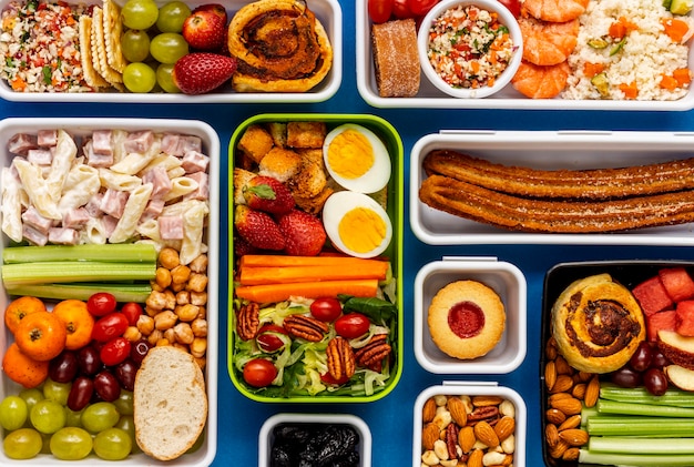 Healthy packed food arrangement top view