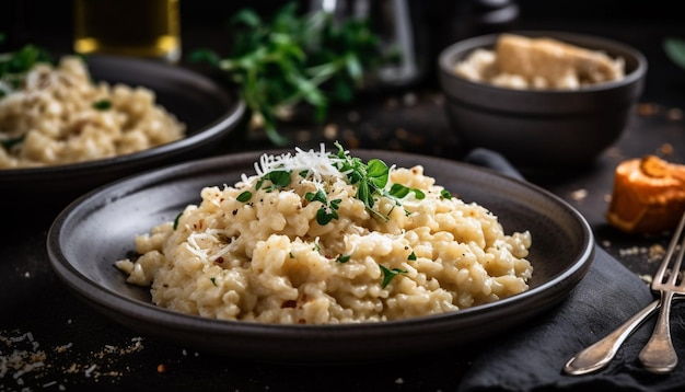 Healthy risotto meal on rustic wooden table generated by AI