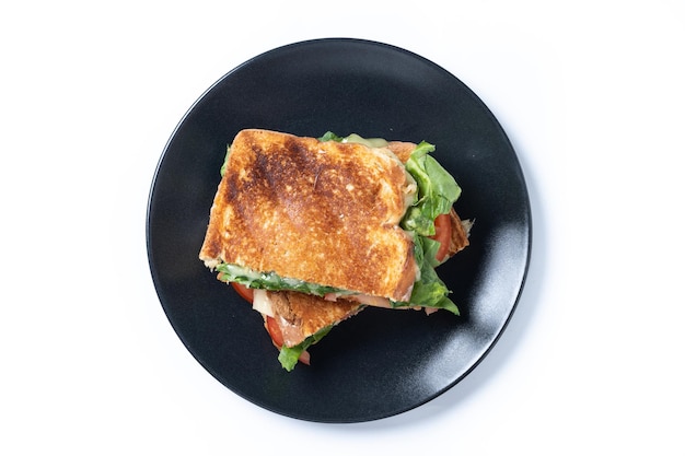 Healthy spinach tomato and cheese sandwich isolated on white background