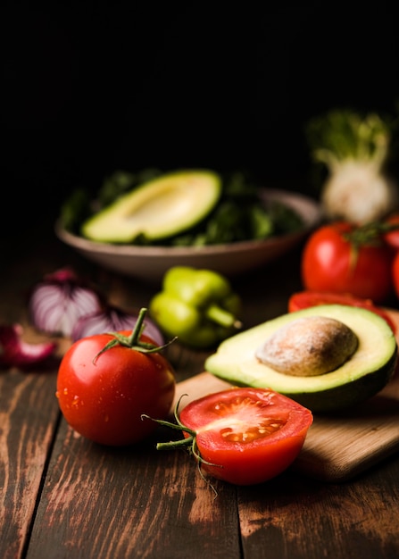 Healthy tomatoes and avocado front view