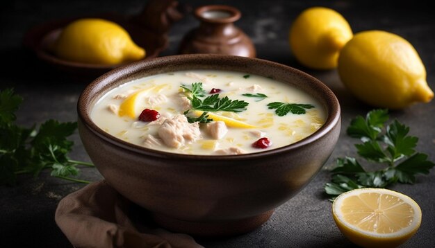 Healthy vegetarian soup with fresh lemon garnish generated by AI