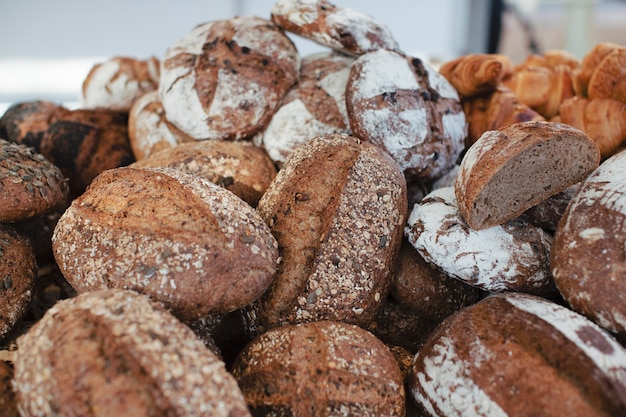 Heap of delicious freshly baked whole breads