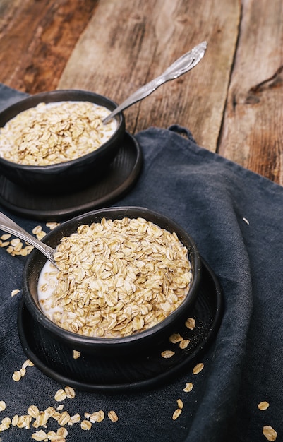 Free photo heap of oats with milk in bowls