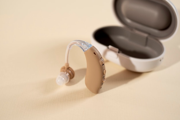 Free photo hearing aids and case high angle