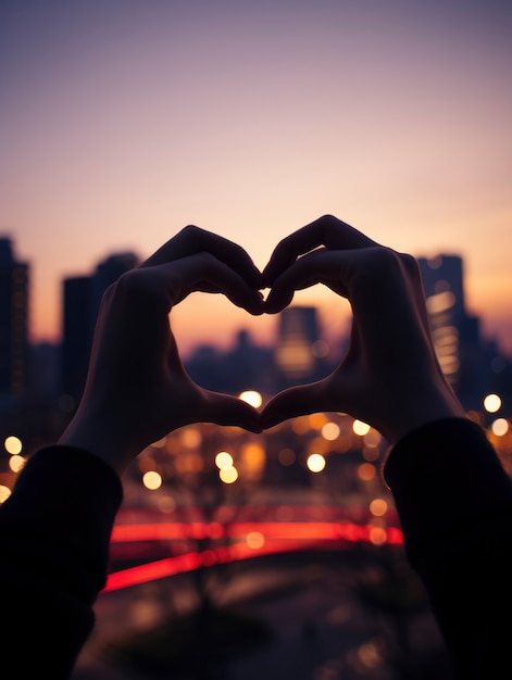 Heart hands silhouette against city lights at night