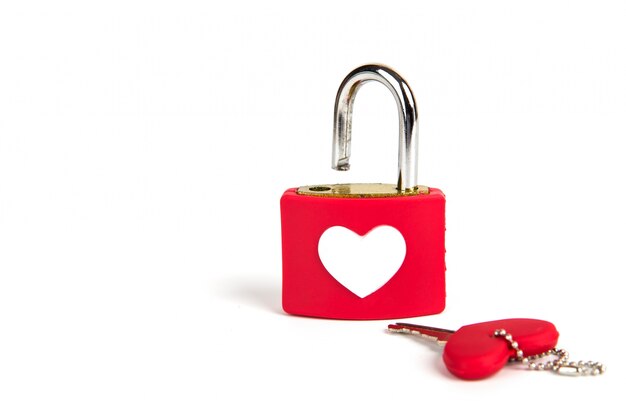 Heart padlock and key on a white background